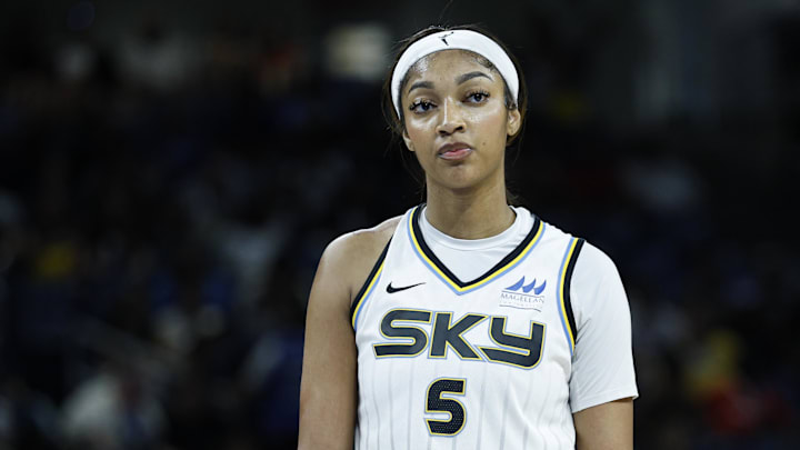 Aug 23, 2025; Chicago, Illinois, USA; Chicago Sky forward Angel Reese (5) stands on the court during the second half of a WNBA game against the Connecticut Sun at Wintrust Arena. Mandatory Credit: Kamil Krzaczynski-Imagn Images Aug 23, 2025; Chicago, Illinois, USA; Chicago Sky forward Angel Reese (5) stands on the court during the second half of a WNBA game against the Connecticut Sun at Wintrust Arena. Mandatory Credit: Kamil Krzaczynski-Imagn Images