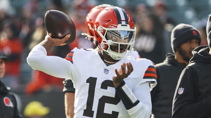 Jan 4, 2026; Cincinnati, Ohio, USA; Cleveland Browns quarterback Shedeur Sanders (12) participates in pregame warmups against the Cincinnati Bengals at Paycor Stadium. Mandatory Credit: Joseph Maiorana-Imagn Images