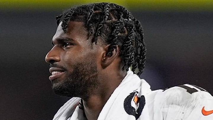 Aug 8, 2025; Charlotte, North Carolina, USA; Cleveland Browns quarterback Shedeur Sanders (12) during the second half against the Carolina Panthers at Bank of America Stadium. Mandatory Credit: Jim Dedmon-Imagn Images