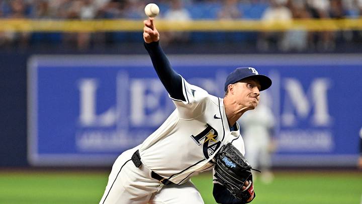 Jul 6, 2026; St. Petersburg, Florida, USA;  Tampa Bay Rays starting pitcher Griffin Jax (22) throws a pitch in the first inning against the New York Yankees at Tropicana Field.