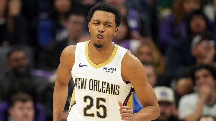 Apr 3, 2026; Sacramento, California, USA; New Orleans Pelicans forward Trey Murphy III (25) reacts after dunking against the Sacramento Kings during the third quarter at Golden 1 Center. Mandatory Credit: Darren Yamashita-Imagn Images