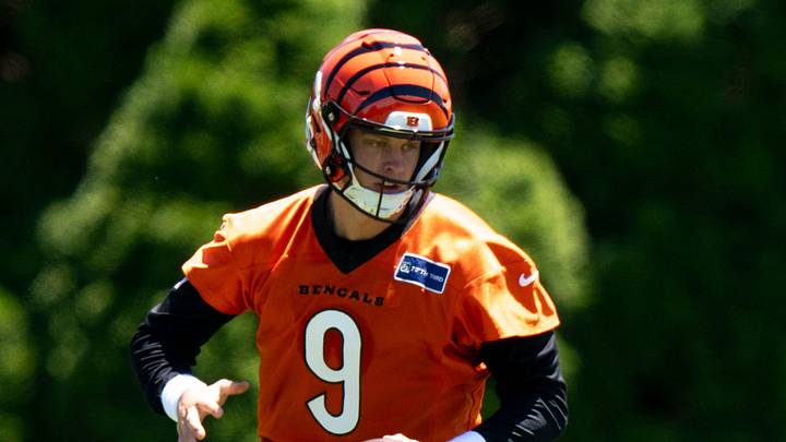 Cincinnati Bengals quarterback Joe Burrow (9) snaps the ball during spring practice on at the Kettering Practice Fields on Tuesday, June 2, 2026. Cincinnati Bengals quarterback Joe Burrow (9) snaps the ball during spring practice on at the Kettering Practice Fields on Tuesday, June 2, 2026.