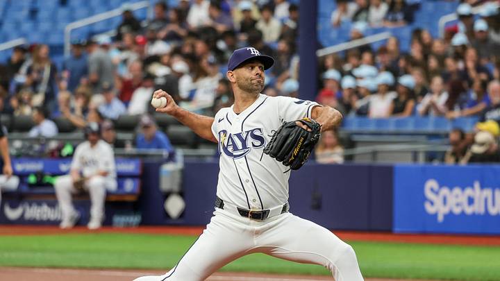 Apr 22, 2026; St. Petersburg, Florida, USA; Tampa Bay Rays pitcher Nick Martinez (28) throws during the first inning against the Cincinnati Reds at Tropicana Field.