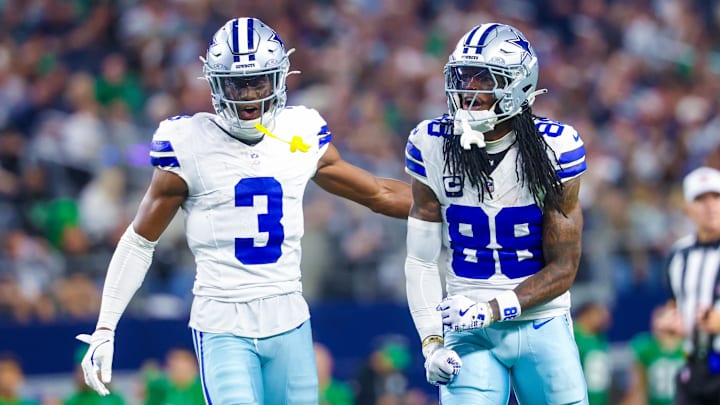 Dallas Cowboys wide receivers George Pickens and CeeDee Lamb react during the game against the Philadelphia Eagles Dallas Cowboys wide receivers George Pickens and CeeDee Lamb react during the game against the Philadelphia Eagles