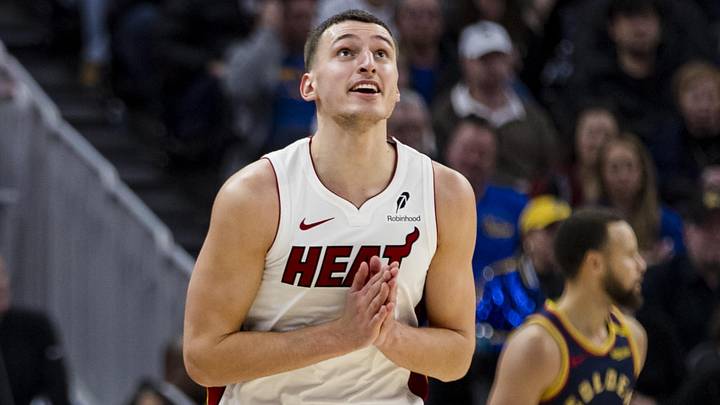 Miami Heat forward Nikola Jovic (5) reacts (Mandatory Credit: John Hefti-Imagn Images)