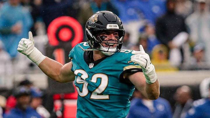 Dec 7, 2025; Jacksonville, Florida, USA;Jacksonville Jaguars defensive lineman Danny Striggow (92) celebrates after a play against the Indianapolis Colts at EverBank Stadium. Mandatory Credit: Travis Register-Imagn Images