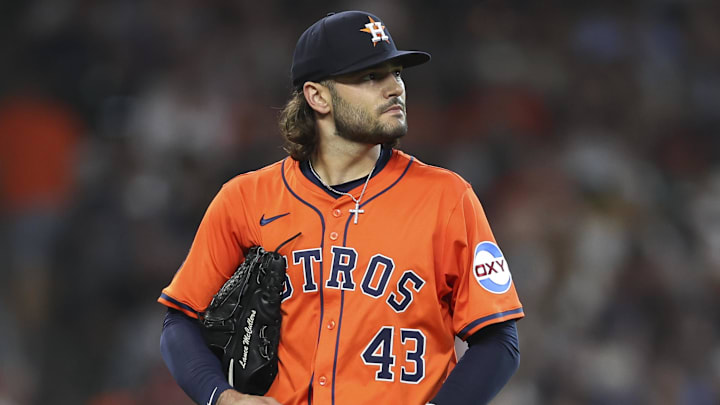 Jul 11, 2025; Houston, Texas, USA; Houston Astros starting pitcher Lance McCullers Jr. (43) reacts after a pitch during the first inning against the Texas Rangers at Daikin Park. 