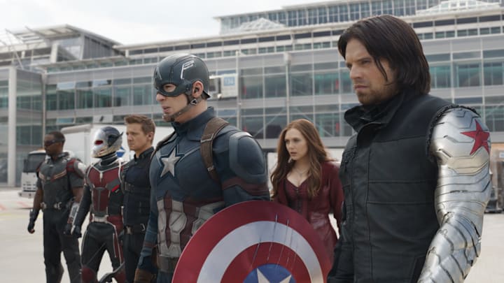Marvel's Captain America: Civil War..L to R: Falcon/Sam Wilson (Anthony Mackie), Ant-Man/Scott Lang (Paul Rudd), Hawkeye/Clint Barton (Jeremy Renner), Captain America/Steve Rogers (Chris Evans), Scarlet Witch/Wanda Maximoff (Elizabeth Olsen) and Winter Soldier/Bucky Barnes (Sebastian Stan)..Photo Credit: Film Frame..© Marvel 2016