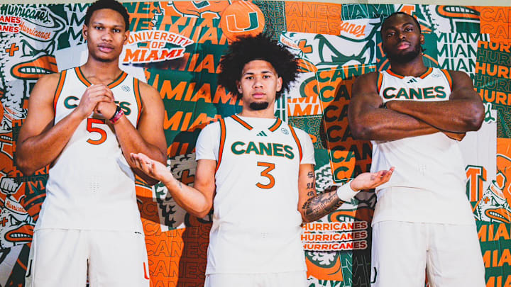 New Miami Hurricanes Seniors Malik Reneau (5), Tre Donaldson (3), and Ernest Udeh Jr. (8) are posing for media day. New Miami Hurricanes Seniors Malik Reneau (5), Tre Donaldson (3), and Ernest Udeh Jr. (8) are posing for media day.