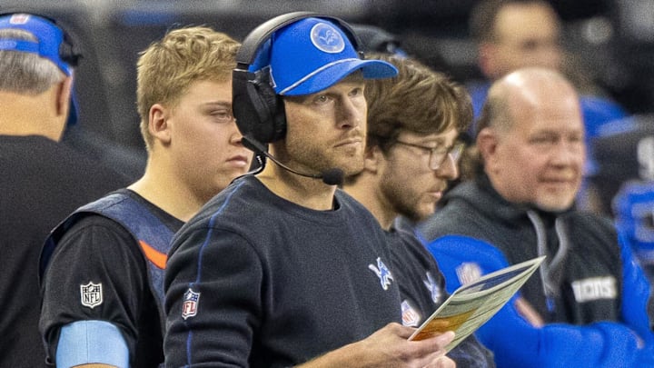 Jan 5, 2025; Detroit, Michigan, USA; Detroit Lions Offensive Coordinator Ben Johnson call plays from the sidelines against the Minnesota Vikings during the second half at Ford Field. Mandatory Credit: David Reginek-Imagn Images