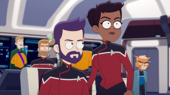 L-R: Jack Quaid as Boimler and Tawny Newsome as Beckett Mariner in episode 1, season 5 of Lower Decks streaming on Paramount+, 2024. Photo Credit: Paramount+ L-R: Jack Quaid as Boimler and Tawny Newsome as Beckett Mariner in episode 1, season 5 of Lower Decks streaming on Paramount+, 2024. Photo Credit: Paramount+