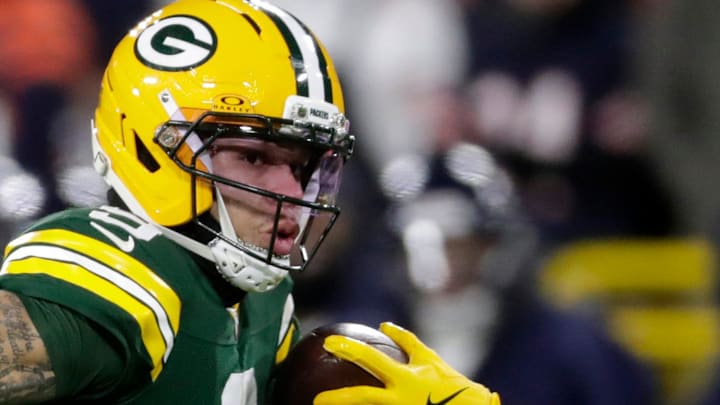 Green Bay Packers wide receiver Christian Watson goes the distance for a touchdown against the Chicago Bears. Green Bay Packers wide receiver Christian Watson goes the distance for a touchdown against the Chicago Bears.