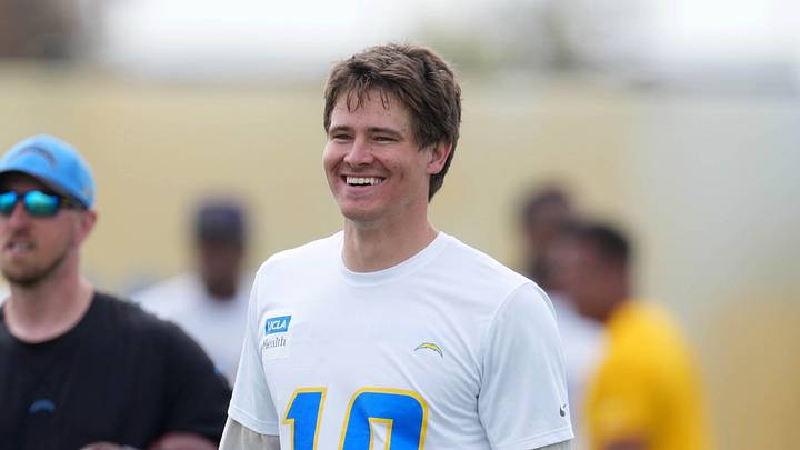 May 12, 2025; El Segundo, CA, USA; Los Angeles Chargers quarterback Justin Herbert (10) reacts during offseason workouts at The Bolt. Mandatory Credit: Kirby Lee-Imagn Images