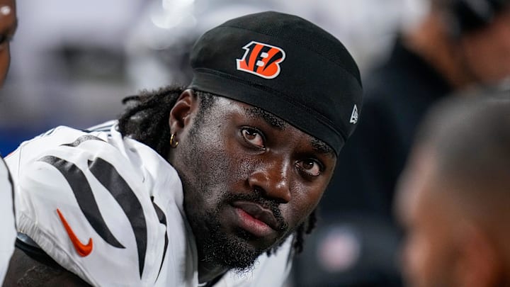Cincinnati Bengals defensive end Shemar Stewart (97) sits between drives in the first quarter of the NFL Week 7 game between the Cincinnati Bengals and the Pittsburgh Steelers at Paycor Stadium in downtown Cincinnati on Thursday, Oct. 16, 2025. Cincinnati Bengals defensive end Shemar Stewart (97) sits between drives in the first quarter of the NFL Week 7 game between the Cincinnati Bengals and the Pittsburgh Steelers at Paycor Stadium in downtown Cincinnati on Thursday, Oct. 16, 2025.