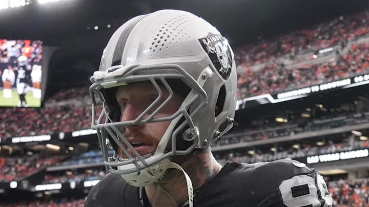 Dec 7, 2025; Paradise, Nevada, USA;  Las Vegas Raiders defensive end Maxx Crosby (98) on the field prior to a game against the Denver Broncos at Allegiant Stadium. Mandatory Credit: Kirby Lee-Imagn Images