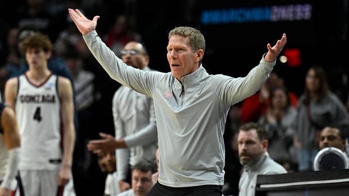 Gonzaga Bulldogs head coach Mark Few in the second half against the Texas Longhorns during a second round game of the men's 2026 NCAA Tournament at Moda Center.