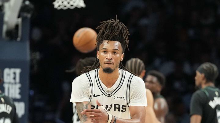 May 15, 2026; Minneapolis, Minnesota, USA; San Antonio Spurs guard Stephon Castle (5) celebrates making a three point shot against the Minnesota Timberwolves in the second half during game six of the second round of the 2026 NBA Playoffs at Target Center. Mandatory Credit: Jesse Johnson-Imagn Images