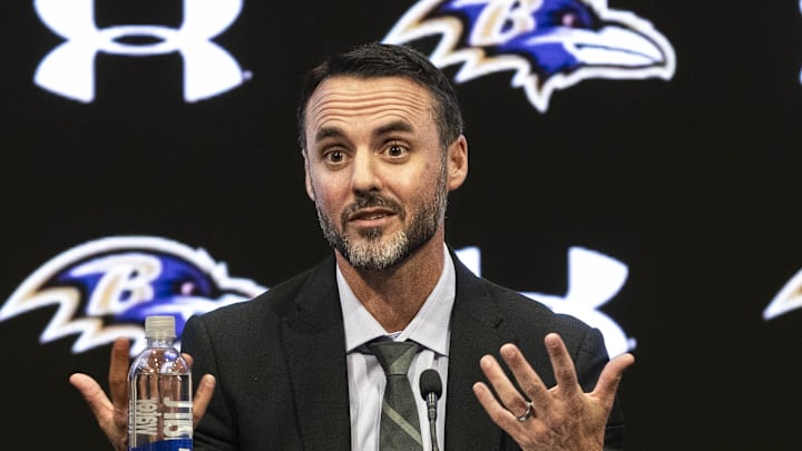 Sashi Brown, Jesse Minter, and Eric DeCosta speak at an introductory press conference at Under Armour Performance Center.