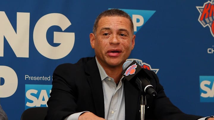 Sep 25, 2017; Greenburgh, NY, USA; New York Knicks general manager Scott Perry speaks to the media on media day at MSG Training Center. Mandatory Credit: Brad Penner-Imagn Images