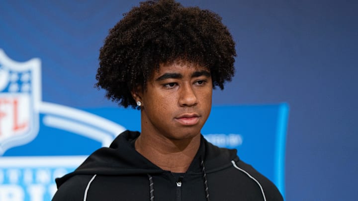 Feb 27, 2026; Indianapolis, IN, USA; Southern California wideout Ja'Kobi Lane (WO27) speaks to members of the media during the NFL Combine at the Indiana Convention Center. Mandatory Credit: Jacob Musselman-Imagn Images