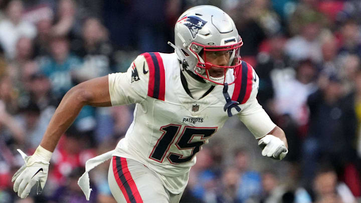 Oct 20, 2024; London, United Kingdom; New England Patriots safety Marte Mapu (15) against the Jacksonville Jaguars in the second half of an NFL International Series game at Wembley Stadium. Mandatory Credit: Kirby Lee-Imagn Images