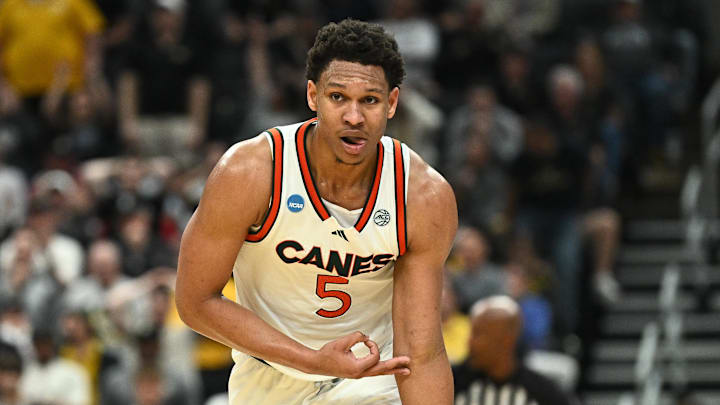 Mar 20, 2026; St. Louis, MO, USA; Miami (FL) Hurricanes forward Malik Reneau (5) reacts after a play against the Missouri Tigers during a first round game of the men's 2026 NCAA Tournament at Enterprise Center. Mandatory Credit: Jeff Le-Imagn Images
