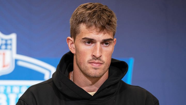 Feb 26, 2026; Indianapolis, IN, USA; Notre Dame tight end  Eli Raridon (TE19) speaks to members of the media during the NFL Combine at the Indiana Convention Center. Mandatory Credit: Jacob Musselman-Imagn Images