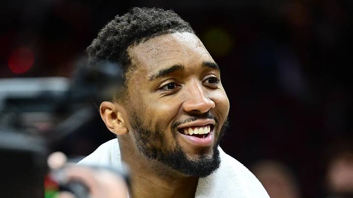 May 3, 2026; Cleveland, Ohio, USA; Cleveland Cavaliers guard Donovan Mitchell (45) is interviewed after game seven against the Toronto Raptors In the first round of the 2026 NBA Playoffs at Rocket Arena. Mandatory Credit: Ken Blaze-Imagn Images