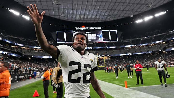 Nov 2, 2025; Paradise, Nevada, USA; Jacksonville Jaguars cornerback Jarrian Jones (22) waves to fans after the win against the Las Vegas Raiders at Allegiant Stadium. Mandatory Credit: Kirby Lee-Imagn Images
