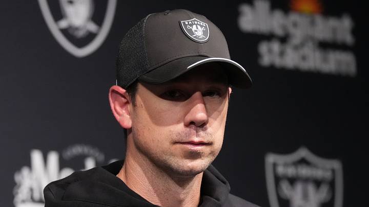 Sep 13, 2026; Paradise, Nevada, USA;  Las Vegas Raiders head coach Klint Kubiak speaks with media after the game against the Miami Dolphins at Allegiant Stadium.  Mandatory Credit: Kirby Lee-Imagn Images