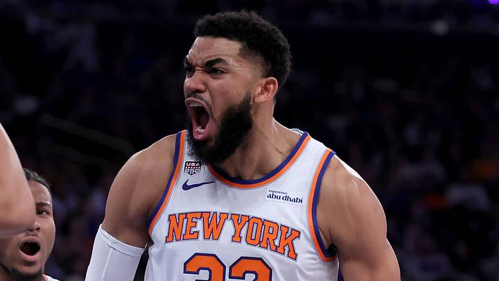 Jun 10, 2026; New York, New York, USA; New York Knicks center Karl-Anthony Towns (32) and guard Miles McBride (2) and San Antonio Spurs forward Carter Bryant (11) react during the second quarter of game four of the 2026 NBA Finals at Madison Square Garden. Mandatory Credit: Brad Penner-Imagn Images
