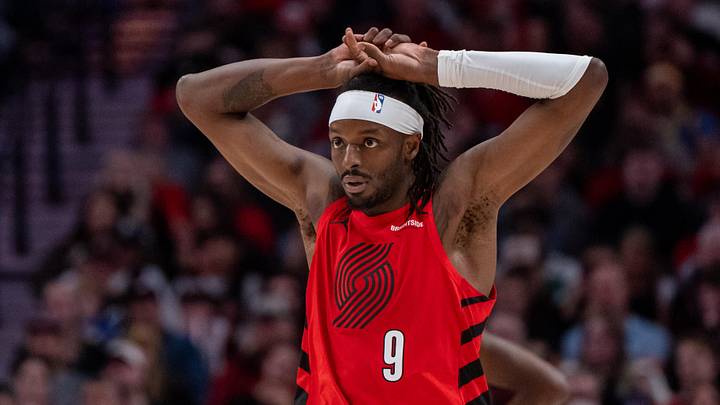 Oct 23, 2024; Portland, Oregon, USA;  Portland Trailblazers shooting forward Jerami Grant (9) reacts during the second half against the Golden State Warriors at Moda Center. Mandatory Credit: Stephen Brashear-Imagn Images