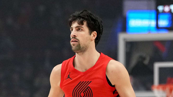 Portland Trail Blazers forward Deni Avdija dribbles during the first half against the Washington Wizards.