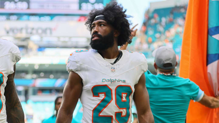 Sep 8, 2024; Miami Gardens, Florida, USA; Miami Dolphins cornerback Siran Neal (33) and cornerback Kendall Fuller (29) look on after the game against the Jacksonville Jaguars at Hard Rock Stadium. Mandatory Credit: Sam Navarro-Imagn Images Sep 8, 2024; Miami Gardens, Florida, USA; Miami Dolphins cornerback Siran Neal (33) and cornerback Kendall Fuller (29) look on after the game against the Jacksonville Jaguars at Hard Rock Stadium. Mandatory Credit: Sam Navarro-Imagn Images