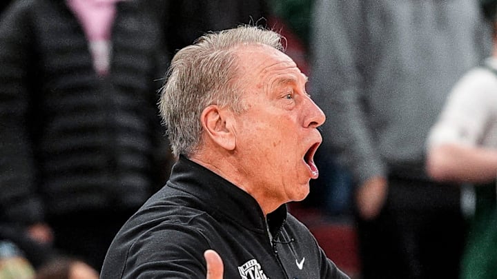 Michigan State head coach Tom Izzo reacts to a play against UCLA during the second half of Big Ten tournament quarterfinal at United Center in Chicago on Friday, March 13, 2026.