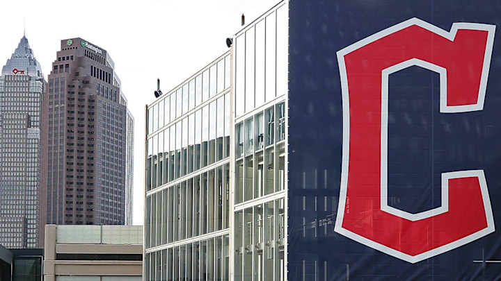 A banner with the Cleveland Guardians' new logo hangs from a parking deck before an MLB baseball game between the Cleveland Guardians and the San Francisco Giants at Progressive Field in Cleveland on Friday.

Guardians Pre 5