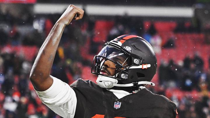 Dec 7, 2025; Cleveland, Ohio, USA; Cleveland Browns quarterback Shedeur Sanders (12) celebrates after scoring a touchdown against the Tennessee Titans during the fourth quarter at Huntington Bank Field. Mandatory Credit: Ken Blaze-Imagn Images Dec 7, 2025; Cleveland, Ohio, USA; Cleveland Browns quarterback Shedeur Sanders (12) celebrates after scoring a touchdown against the Tennessee Titans during the fourth quarter at Huntington Bank Field. Mandatory Credit: Ken Blaze-Imagn Images