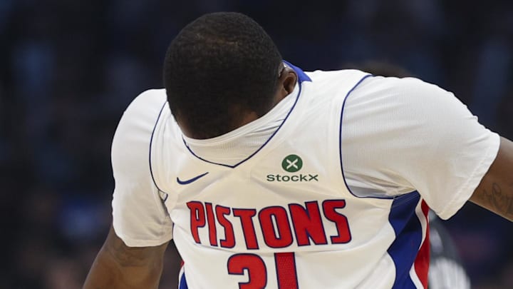 Apr 25, 2026; Orlando, Florida, USA; Detroit Pistons guard Javonte Green (31) reacts after plays against the Orlando Magic in the third quarter during game three of the first round of the 2026 NBA Playoffs at Kia Center. Mandatory Credit: Nathan Ray Seebeck-Imagn Images
