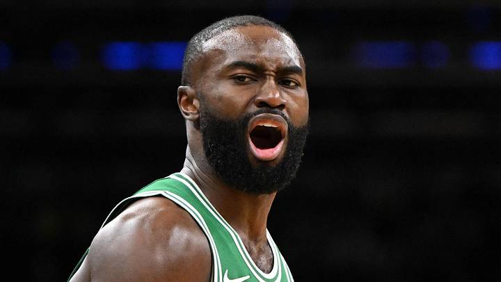 Dec 2, 2025; Boston, Massachusetts, USA; Boston Celtics guard Jaylen Brown (7) reacts after scoring against the New York Knicks during the second half at the TD Garden. Mandatory Credit: Brian Fluharty-Imagn Images