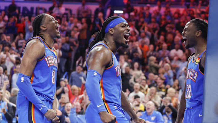 Apr 8, 2025; Oklahoma City, Oklahoma, USA; Oklahoma City Thunder forward Jalen Williams (8), guard Luguentz Dort (5) celebrate with Oklahoma City Thunder guard Cason Wallace (22) after he made a basket against the Los Angeles Lakers during the second half at Paycom Center. Mandatory Credit: Alonzo Adams-Imagn Images Apr 8, 2025; Oklahoma City, Oklahoma, USA; Oklahoma City Thunder forward Jalen Williams (8), guard Luguentz Dort (5) celebrate with Oklahoma City Thunder guard Cason Wallace (22) after he made a basket against the Los Angeles Lakers during the second half at Paycom Center. Mandatory Credit: Alonzo Adams-Imagn Images