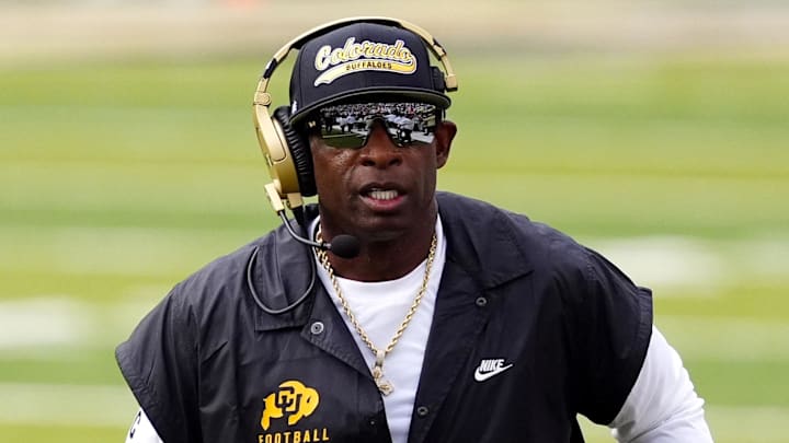 Aug 29, 2025; Boulder, Colorado, USA; Colorado Buffaloes head coach Deion Sanders during the first quarter against the Georgia Tech Yellow Jackets at Folsom Field.