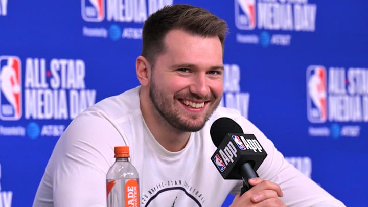 Feb 14, 2026; Los Angeles, CA, USA; 	Team World guard Luka Doncic (77) of the Los Angeles Lakers during a news conference for the NBA All Star game at Intuit Dome. Mandatory Credit: Jayne Kamin-Oncea-Imagn Images