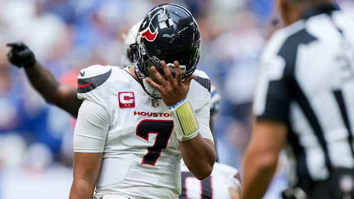 Houston Texans quarterback C.J. Stroud (7) reacts after a false start call Sunday, Sept. 8, 2024, during a game against the Indianapolis Colts at Lucas Oil Stadium in Indianapolis.