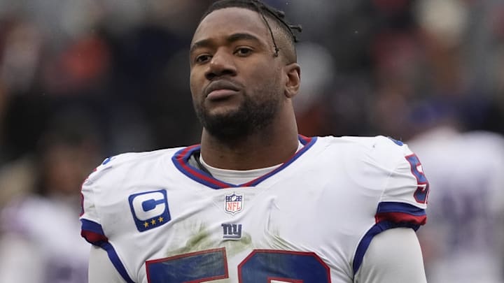 New York Giants linebacker Bobby Okereke leaves the field after losing to the Chicago Bears at Soldier Field. New York Giants linebacker Bobby Okereke leaves the field after losing to the Chicago Bears at Soldier Field.