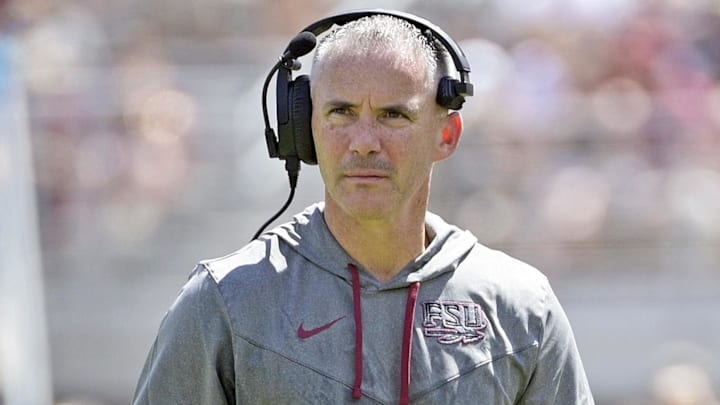 Sep 14, 2024; Tallahassee, Florida, USA; Florida State Seminoles head coach Mike Norvell looks on during the first half against the Memphis Tigers at Doak S. Campbell Stadium. Mandatory Credit: Melina Myers-Imagn Images