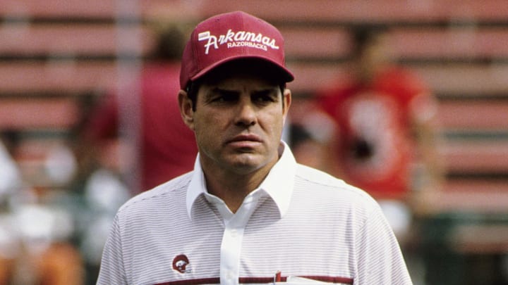 Arkansas Razorbacks coach Ken Hatfield on the field prior to facing the Miami Hurricanes at the Orange Bowl 