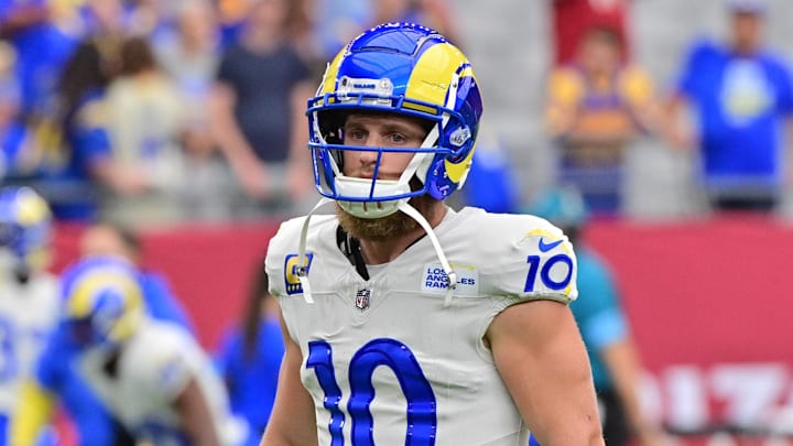 Sep 15, 2024; Glendale, Arizona, USA;  Los Angeles Rams wide receiver Cooper Kupp (10) prior to a game against the Arizona Cardinals at State Farm Stadium. Mandatory Credit: Matt Kartozian-Imagn Images