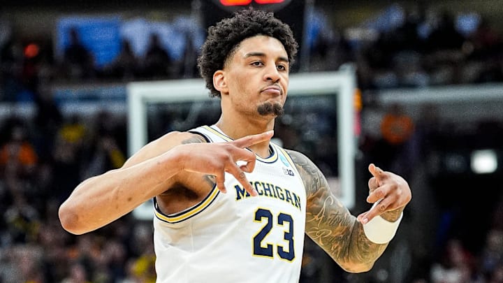 Michigan forward Yaxel Lendeborg celebrates a three-pointer against Tennessee.