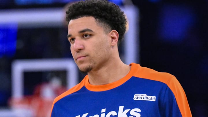 Apr 1, 2025; New York, New York, USA; New York Knicks forward Kevin McCullar Jr. (9) warms up before a game against the Philadelphia 76ers at Madison Square Garden. Mandatory Credit: John Jones-Imagn Images