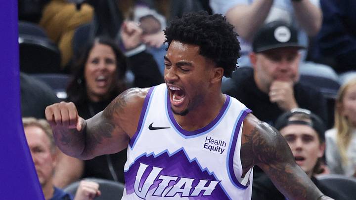 Oct 23, 2026; Salt Lake City, Utah, USA; Utah Jazz forward Brice Sensabaugh (28) reacts after a play against the New Orleans Pelicans during the first half at Delta Center. Mandatory Credit: Rob Gray-Imagn Images Oct 23, 2026; Salt Lake City, Utah, USA; Utah Jazz forward Brice Sensabaugh (28) reacts after a play against the New Orleans Pelicans during the first half at Delta Center. Mandatory Credit: Rob Gray-Imagn Images